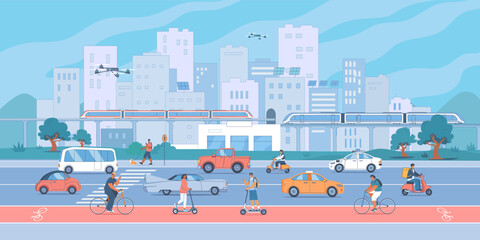 Obraz premium Modern different city transport highway cars, traines, bikes scooters and cityscape illustration