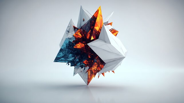 Geometric 3d crystal sculpture with sharp white facets and glowing orange and blue interior