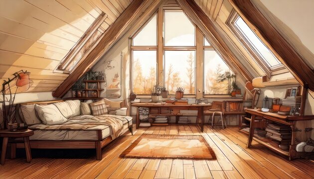 Cozy Attic Living Space with Natural Light and Wooden Beams.
