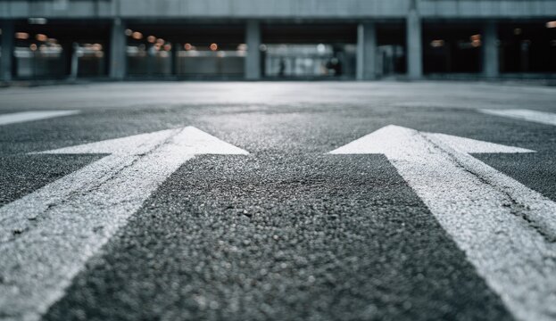 Two white arrows painted on asphalt, pointing forward in a parking lot