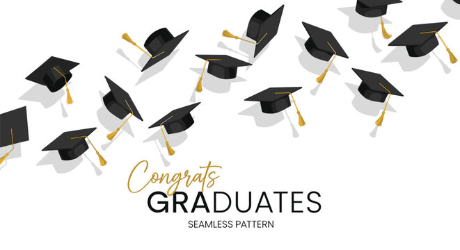Graduation cap seamless pattern black gold tassel white background congrats graduates celebration design education success party flat vector illustration