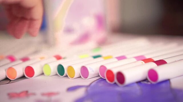Colorful markers lined up on desk in soft focus. Art supplies and creativity concept for education and design.