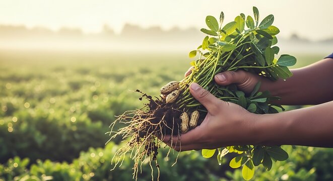 Farmer holding freshly harvested peanut plant with roots and raw peanuts in the field at sunrise