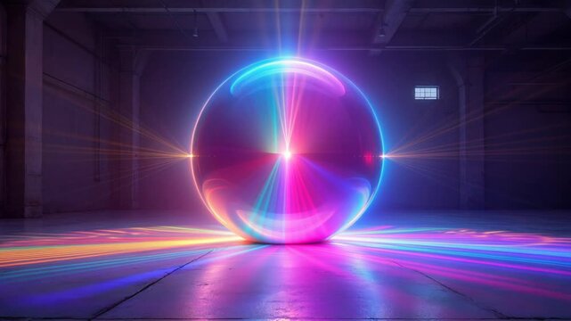 Large reflective sphere emitting vibrant, colorful neon lights inside a dark, industrial space