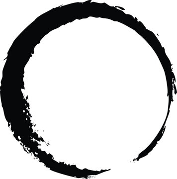 A gracefully flowing black ink circle with a distinct open segment on the lower right on a pure white surface