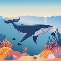 Fototapeta premium Underwater whale swimming through coral reefs in a vibrant ocean with small fish swimming around, a peaceful marine life scene