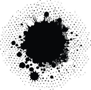 A messy black ink splatter expands outwards with halftone dot patterns on a bright white surface