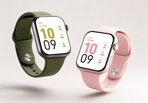 Two Floating Smartwatch Screen Mockups in Green and Pink Colors
