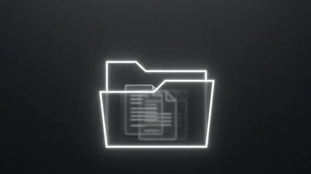 Glowing neon outline of a digital folder containing documents, representing data storage, organization, and information management in a modern, abstract tech environment