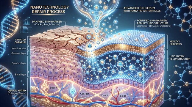 Nanotechnology repair process advanced bio serum nano repair particles fortified skin barrier healthy epidermis lipid matrix collagen elastin glowing effect scientific illustration