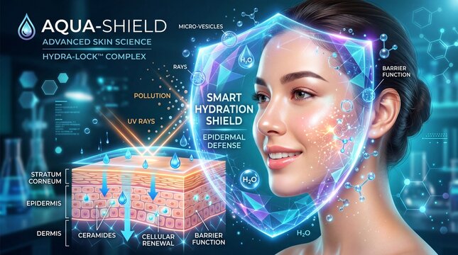 Smart hydration shield advanced skin science epidermal defense micro vesicles barrier function ceramides cellular renewal pollution UV rays hydration skincare technology healthy skin