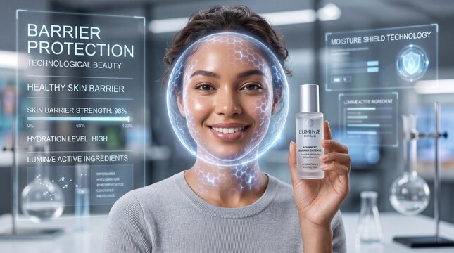 Technological beauty concept with healthy skin barrier, hydration, advanced serum, smiling woman, futuristic laboratory, digital interface, and glowing facial effect