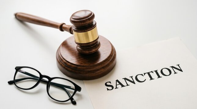 Sanction Order: A gavel rests next to a document bearing the word SANCTION, symbolizing legal judgment and consequence. Beside them, a pair of glasses implies careful consideration and legal scrutiny.