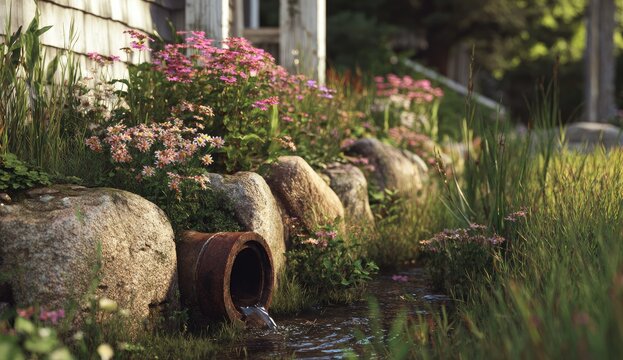 A rusty pipe drains water into a stream surrounded by rocks and vibrant green foliage