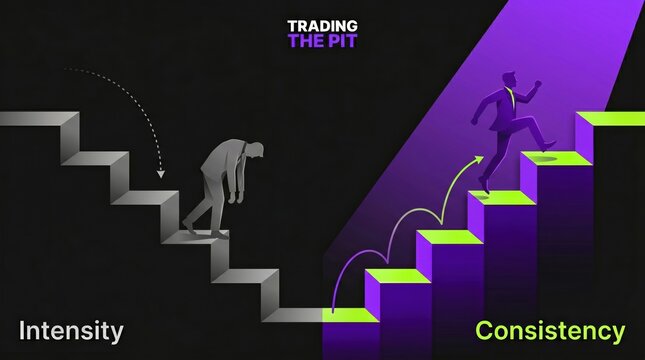 Intensity vs Consistency: An illustration depicting a businessman struggling down stairs labeled Intensity contrasted with another businessman ascending stairs labeled Consistency.