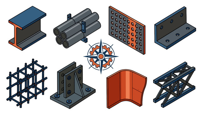Isometric set of steel construction elements and metal profiles for industrial engineering vector illustration. EPS Editable
