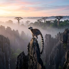 Naklejka premium Lemur standing on a rock at sunset in a foggy forest with baobab trees