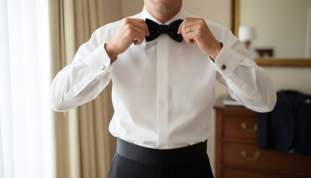 Elegant groom tying his bowtie in a hotel room during wedding morning preparation, capturing gentleman luxury style and classic marriage fashion concept
