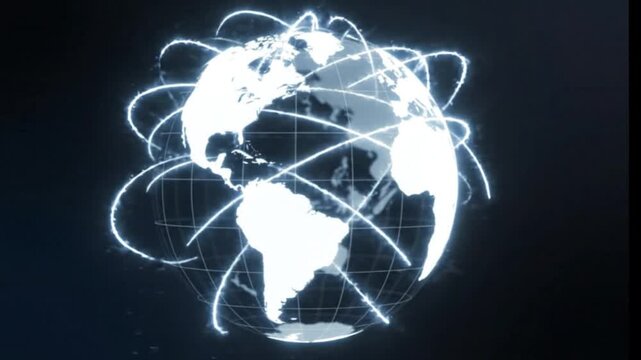 Luminous digital Earth globe with glowing network lines, symbolizing global connectivity, advanced communication, and technological data exchange across all continents