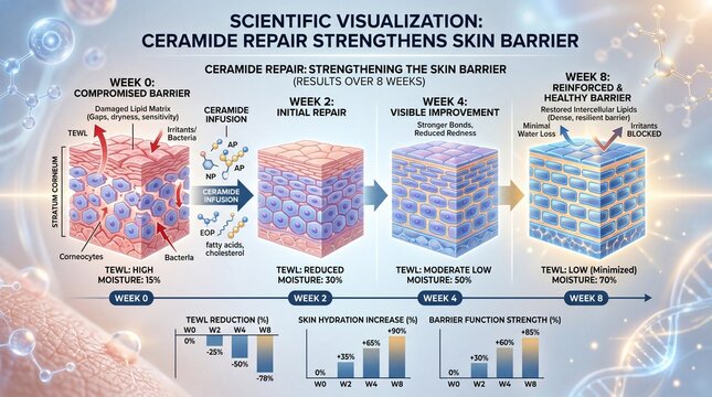 Ceramide infusion, skin hydration, and moisture retention improve skin barrier from compromised to healthy, reducing redness, irritation, and water loss over 8 weeks, with visible repair