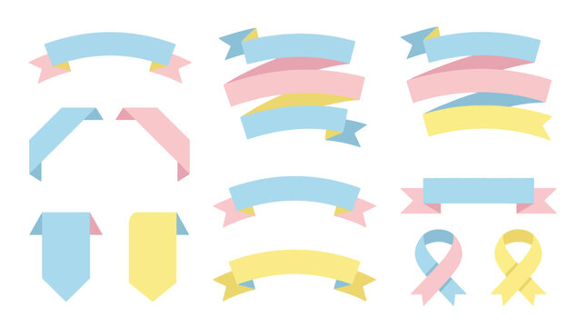 Set of pastel colored ribbon banners and decorative scrolls vector illustration isolated on white background. EPS Editable