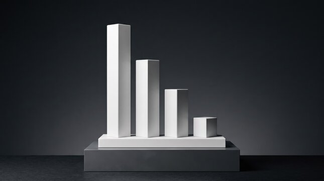 Bar Graph Concept: A minimalist representation of a bar graph, with white geometric shapes of decreasing height arranged on a dark pedestal, symbolizing trends, data, or growth and decline.