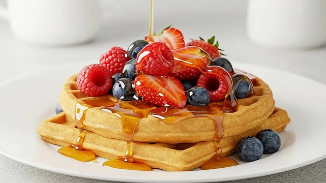 Golden waffles piled high with fresh berries and dripping with syrup.