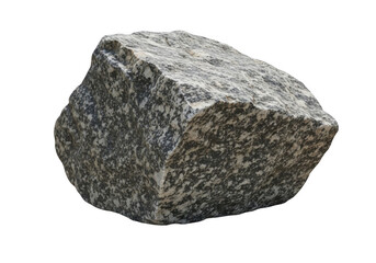 Obraz premium A single, large chunk of grey and white speckled granite rock isolated against a solid black background, showing rough, textured mineral surfaces