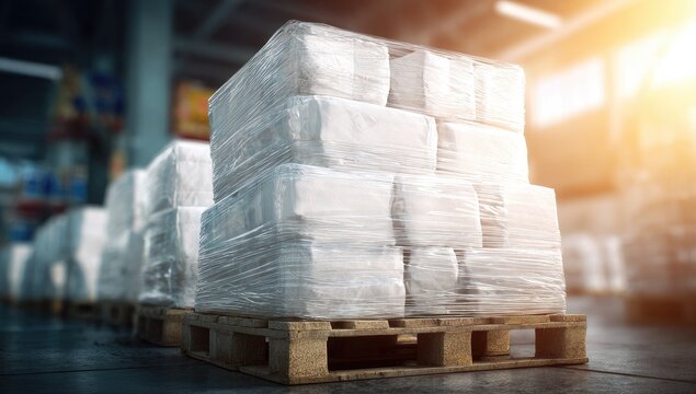 Pallets stacked high with white goods, shrink-wrapped for transport and storage