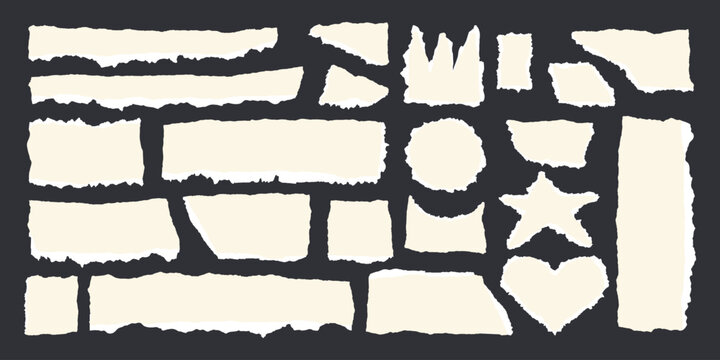 Jagged edge torn paper piece collage grunge cut out shapes vector illustration. Ripped paper abstract frame shape text box template collection.