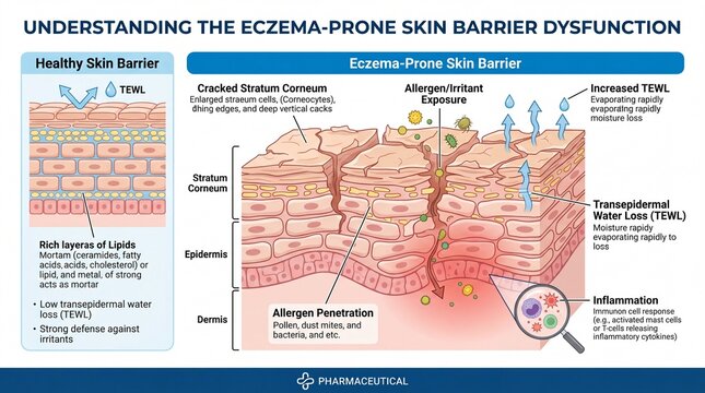 Eczema prone skin barrier with cracked stratum corneum, increased transepidermal water loss, allergen exposure, and lipid deficiency, causing dryness and irritation