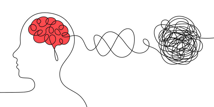 Human head silhouette with a red brain and a tangled black line representing complex thoughts.head
