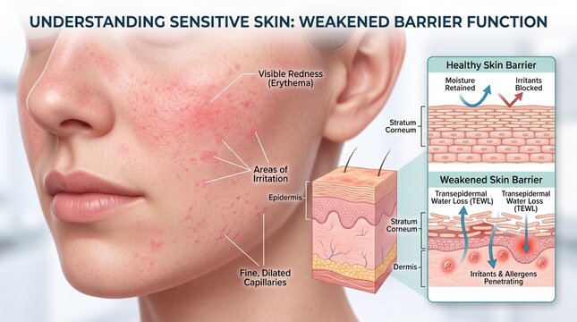 Sensitive skin with visible redness, irritation, and fine dilated capillaries, showing weakened skin barrier, allergen exposure, and trans epidermal water loss