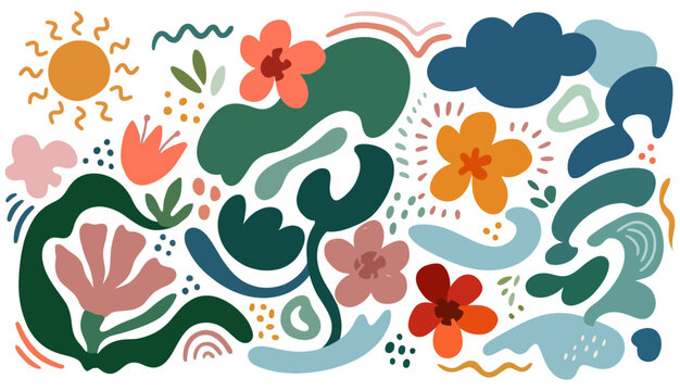 Vibrant Abstract Floral And Sun Cloud Shapes With Playful Organic Forms And Color Palette - Vector Illustration