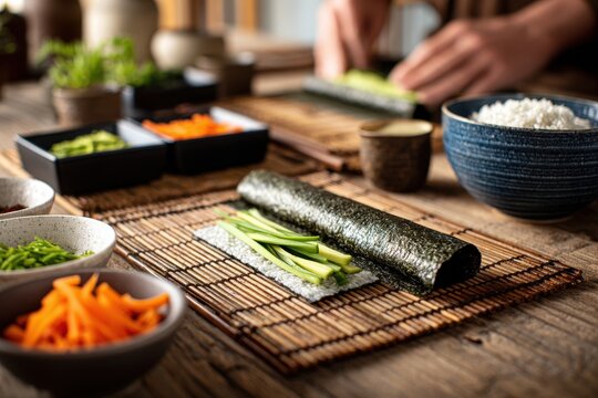 Hands rolling fresh sushi with cucumber and nori on a bamboo mat in a rustic kitchen
