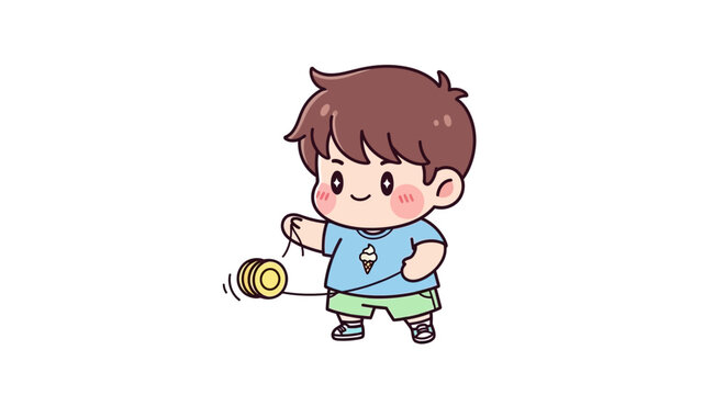 Cute cartoon boy playing with spinning yo yo toy.