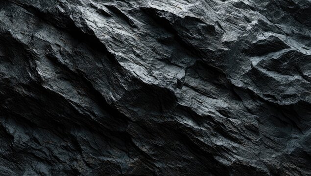 Close-up of rugged, dark gray textured rock face with layered details