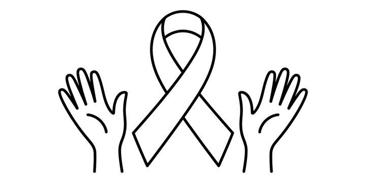 Outline of two open hands flanking a central awareness ribbon on a white background support