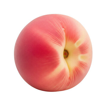 A single, round, pink and white donut peach isolated against a solid black background, showing its smooth skin and central stem cavity