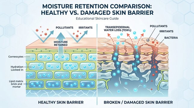 Healthy skin barrier moisture retained hydration locked lipid matrix pollutants irritants bacteria damaged skin barrier transepidermal water loss educational skincare guide comparison skin