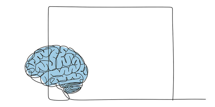 Single Line of a Blue Brain with Intricate Details Placed Next to a Large Empty White Rectangle for Text