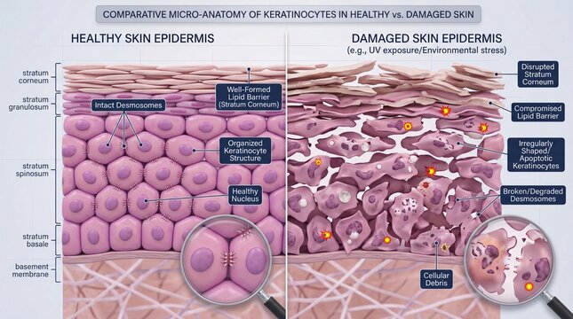 Healthy skin epidermis with intact desmosomes, organized keratinocyte structure, and well formed lipid barrier contrasts with damaged skin showing disrupted desmosomes, compromised barrier