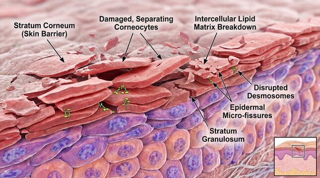 Stratum corneum skin barrier, damaged corneocytes, intercellular lipid matrix breakdown, disrupted desmosomes, and epidermal micro fissures are shown this detailed microscopic skin cell