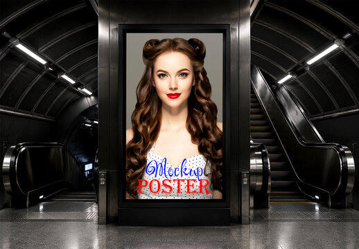 Vertical poster billboard mockup between subway station escalator