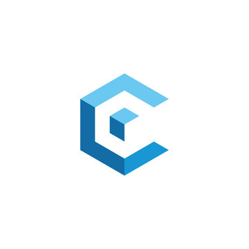 Abstract Geometric Hexagon Letter C Shape with Inner Cube Design in Blue Tones