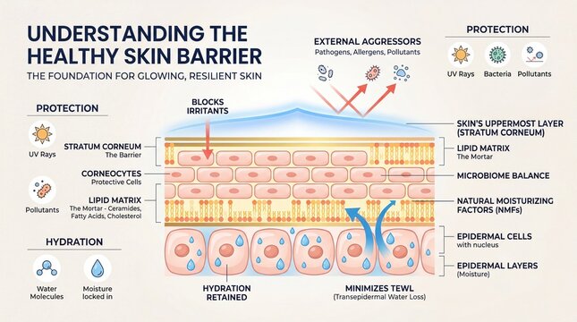 Healthy skin barrier infographic showing stratum corneum, lipid matrix, hydration, protection from UV rays, pollutants, and bacteria, with labeled layers and moisturizing factors