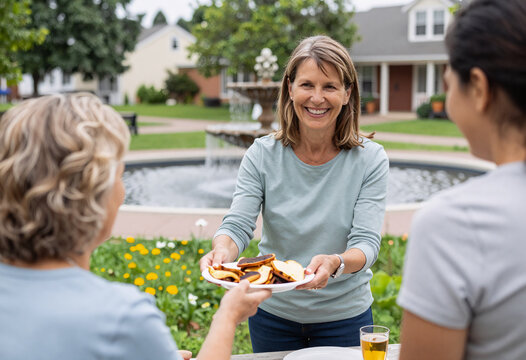 Smiling Woman Sharing Homemade Food with Neighbors in Community Park