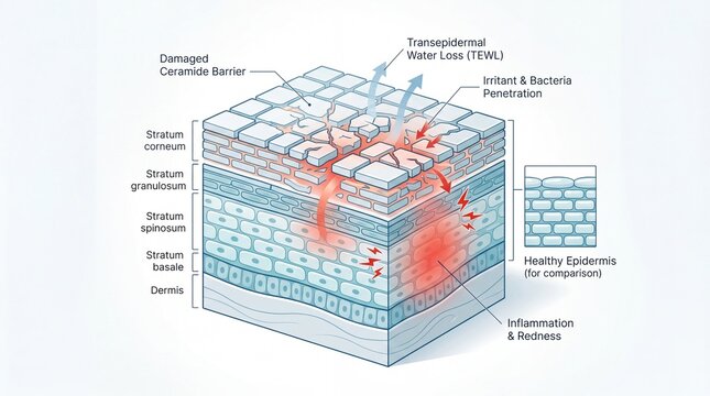 Damaged ceramide barrier illustration showing skin layers, transepidermal water loss, irritant and bacteria penetration, inflammation, and redness compared to healthy epidermis