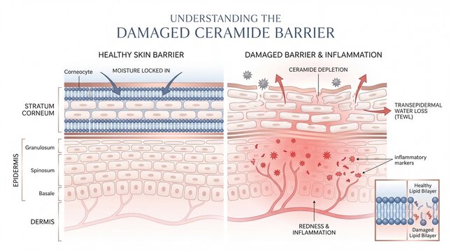 Healthy skin barrier illustration showing moisture locked in, ceramide depletion, redness, inflammation, and water loss in damaged skin barrier, with epidermis and dermis layers labeled
