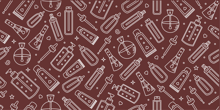 Seamless makeup doodle pattern. Minimal beauty product line art. Hand-drawn cosmetic pattern design. Clean skincare doodle background. Simple beauty outline pattern.